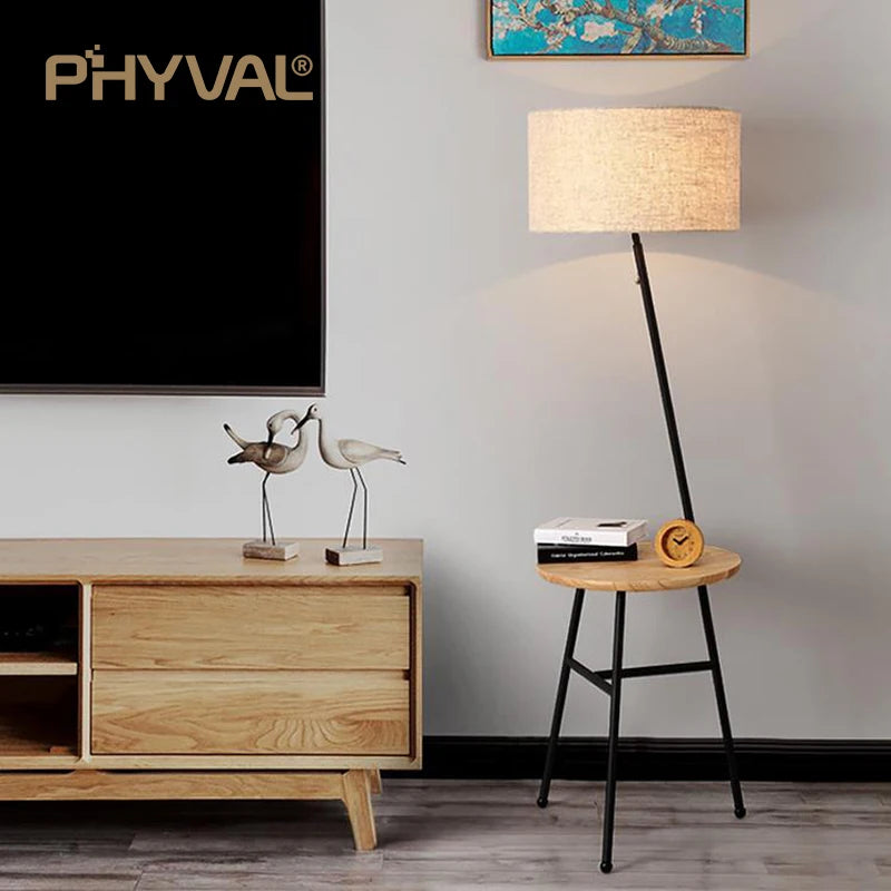 Lampadaire Nordique bois sur pied tissu interrupteur