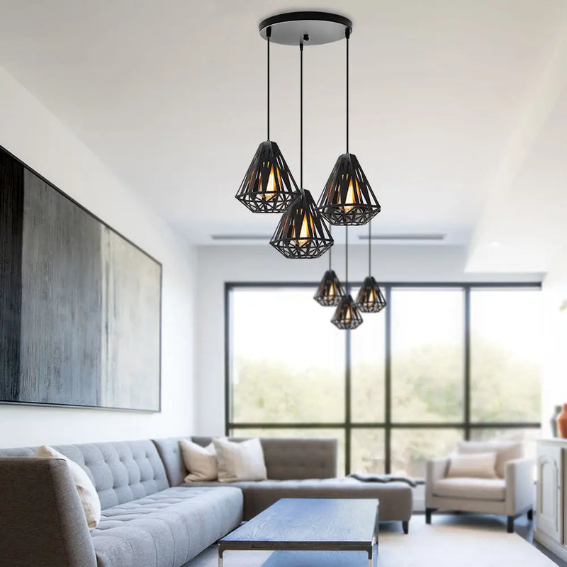 suspension industrielle vintage cage fer art diamant led