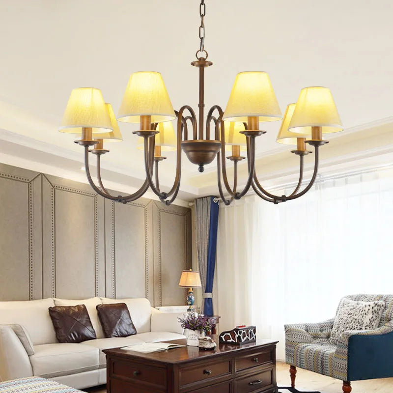Lustre de pays européen et américain classique en fer forgé salon chambre lampe salle à manger tissu abat-jour lustre