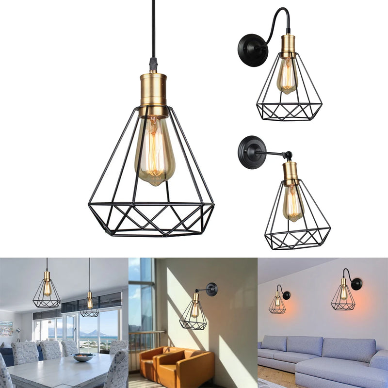 suspension lampe vintage industriel cage fer art diamant