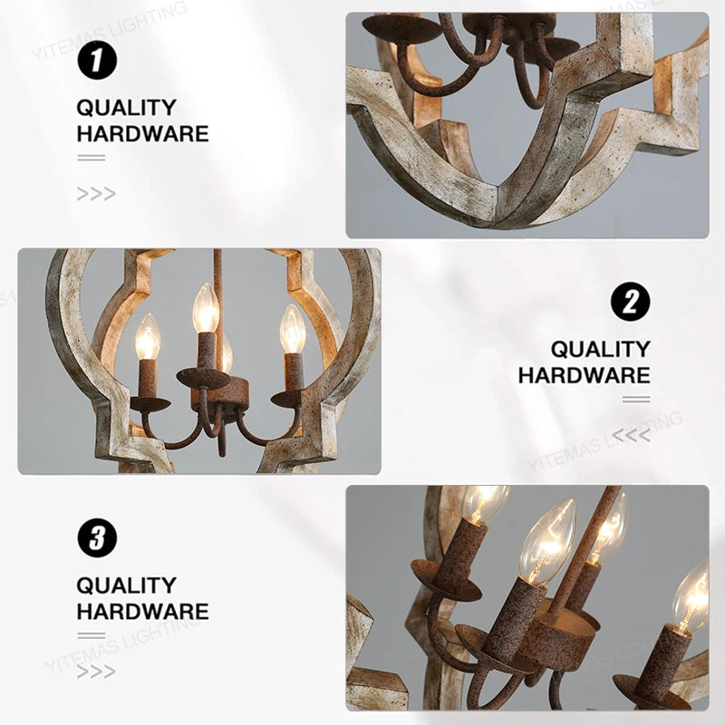 Vintage lustre en bois massif éclairage à la maison style français américain pour salon chambre à manger cuisine rétro blanc 4 lumières