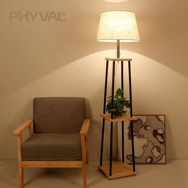 Lampadaire Nordique bois sur pied tissu interrupteur