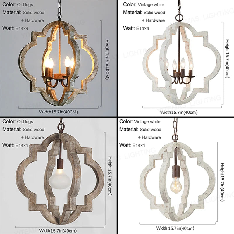 Vintage lustre en bois massif éclairage à la maison style français américain pour salon chambre à manger cuisine rétro blanc 4 lumières