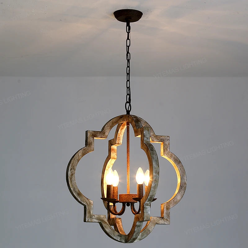 Vintage lustre en bois massif éclairage à la maison style français américain pour salon chambre à manger cuisine rétro blanc 4 lumières