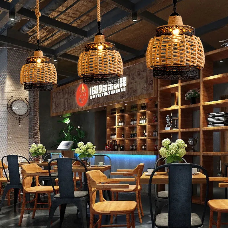 lustre vintage en chanvre réglable pour salon et restaurant