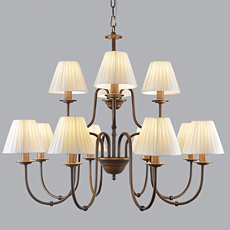 Lustre de pays européen et américain classique en fer forgé salon chambre lampe salle à manger tissu abat-jour lustre