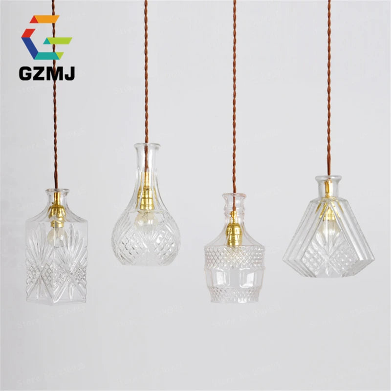 suspension led rétro vintage avec abat-jour en verre sculpté