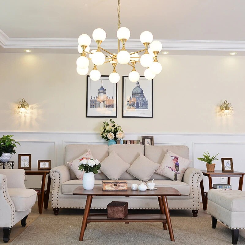 Lustre design doré style cuivre avec boules