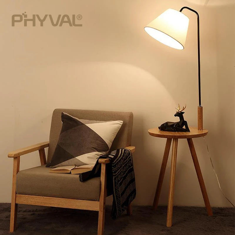 Lampadaire Nordique bois sur pied tissu interrupteur