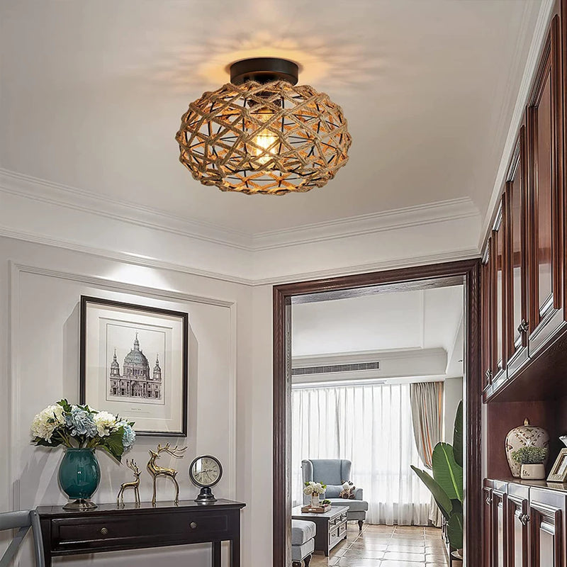 lustre de plafond encastré en rotin vintage rustique