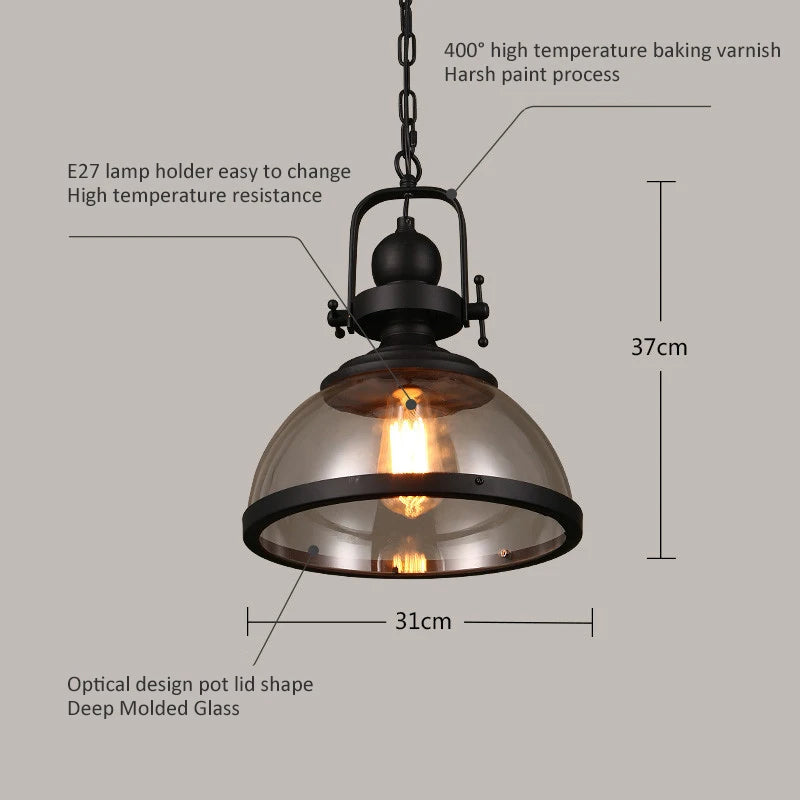 suspension rétro en fer avec abat-jour en verre décoratif