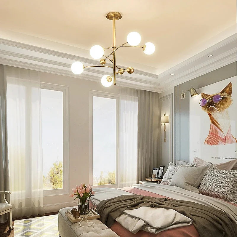 Nordic 5 Heads Copper Chandelier For Living Room Bedroom Hotel Rotatable Arms Milky White Lampshade G9 LED Lighting Fixtures