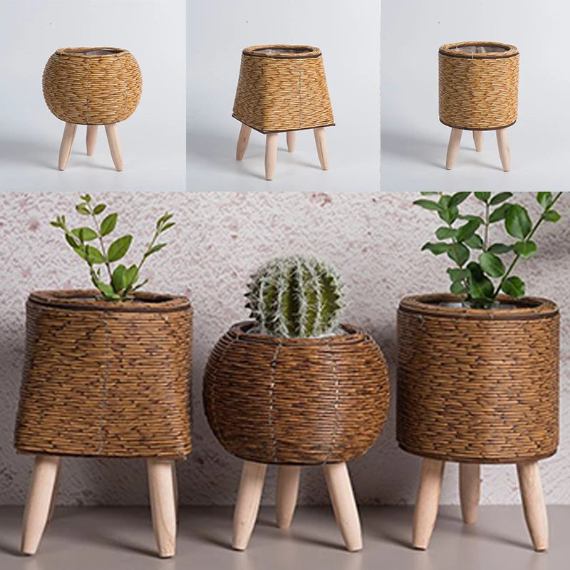 étagère à fleurs nordique en imitation rotin avec pieds amovibles