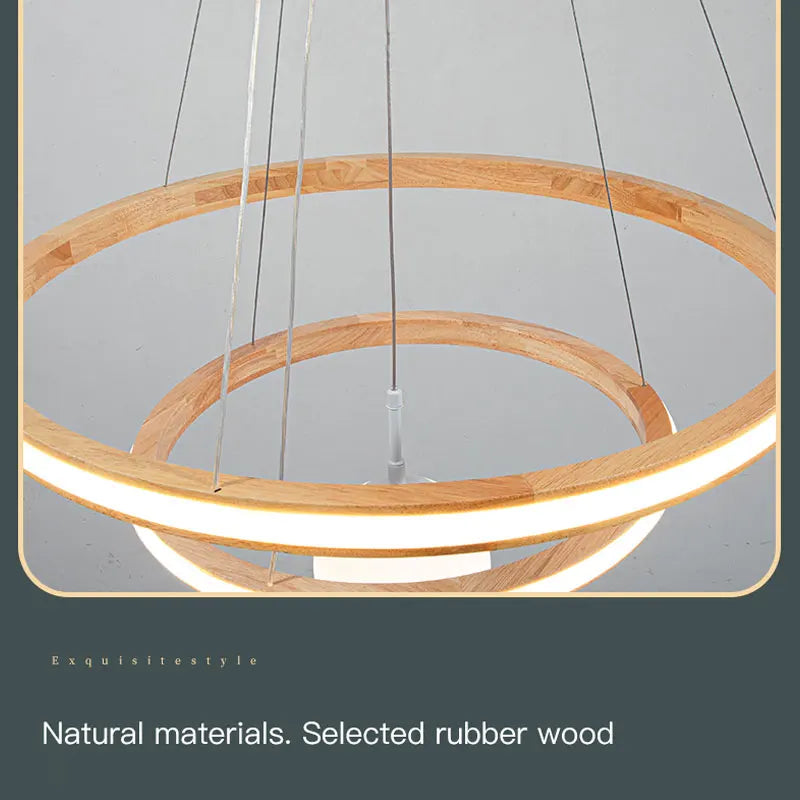 lustre en bois moderne avec anneaux lumineux et verre