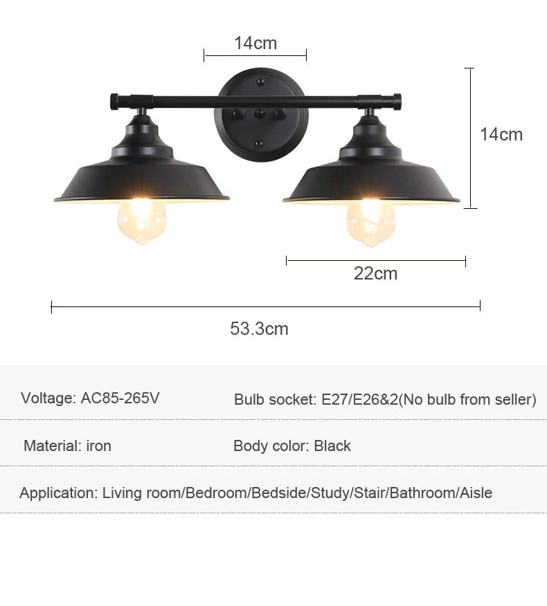 applique murale Loft industriel Vintage Double tête fer