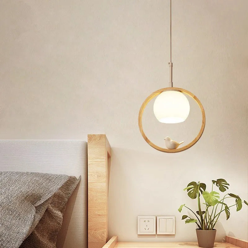 Suspension LED en verre nordique en forme d'oiseau rond en bois