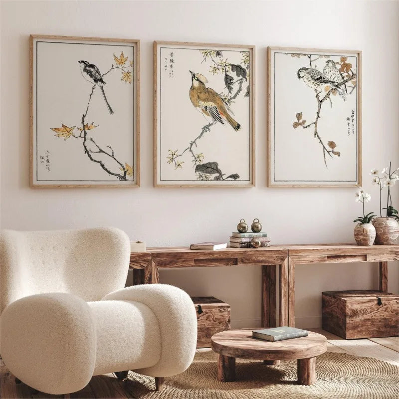 ensemble de 3 affiches oiseaux vintage japonais sur branches