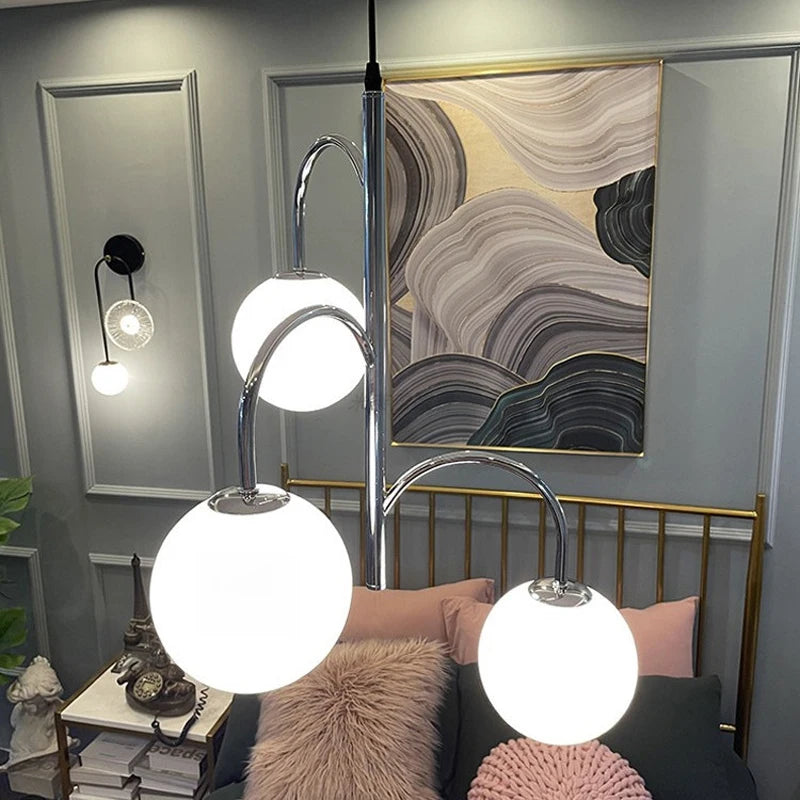 lustre boule de verre scandinave avec tige et câble de suspension