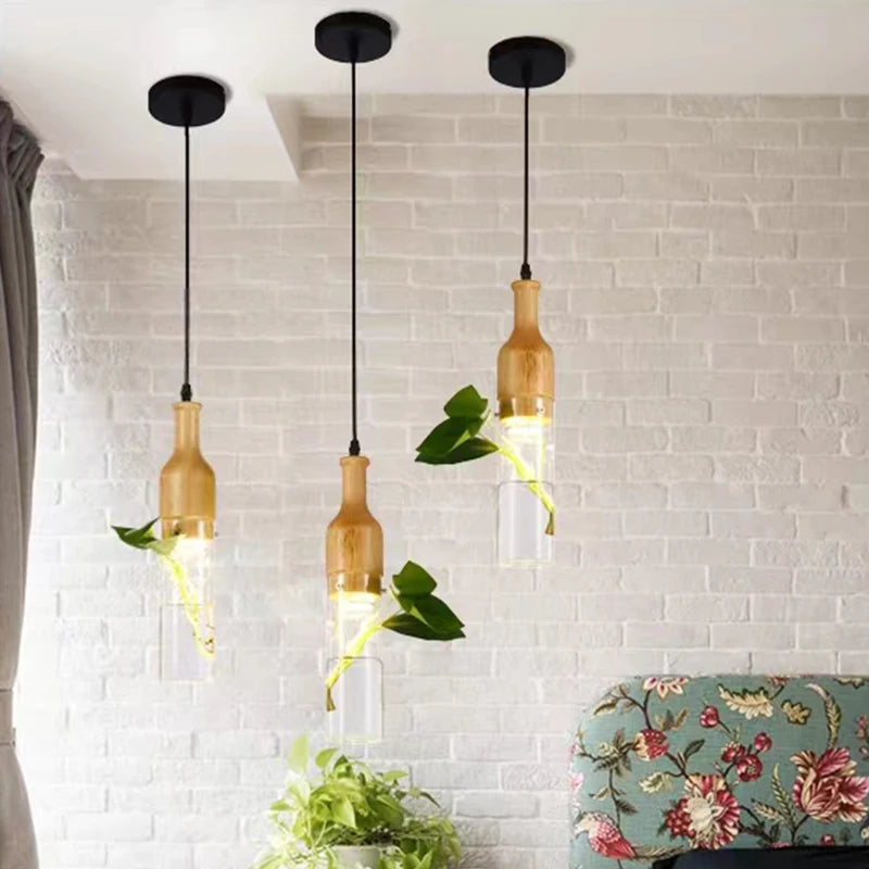 suspension led industrielle en bois et verre pour plantes