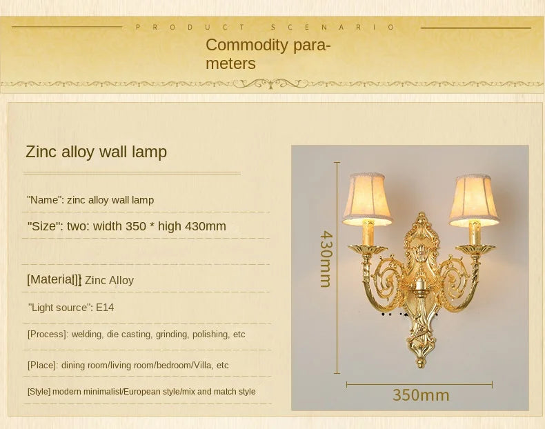 applique européenne en alliage de zinc cristal luxe éclairage hôtel