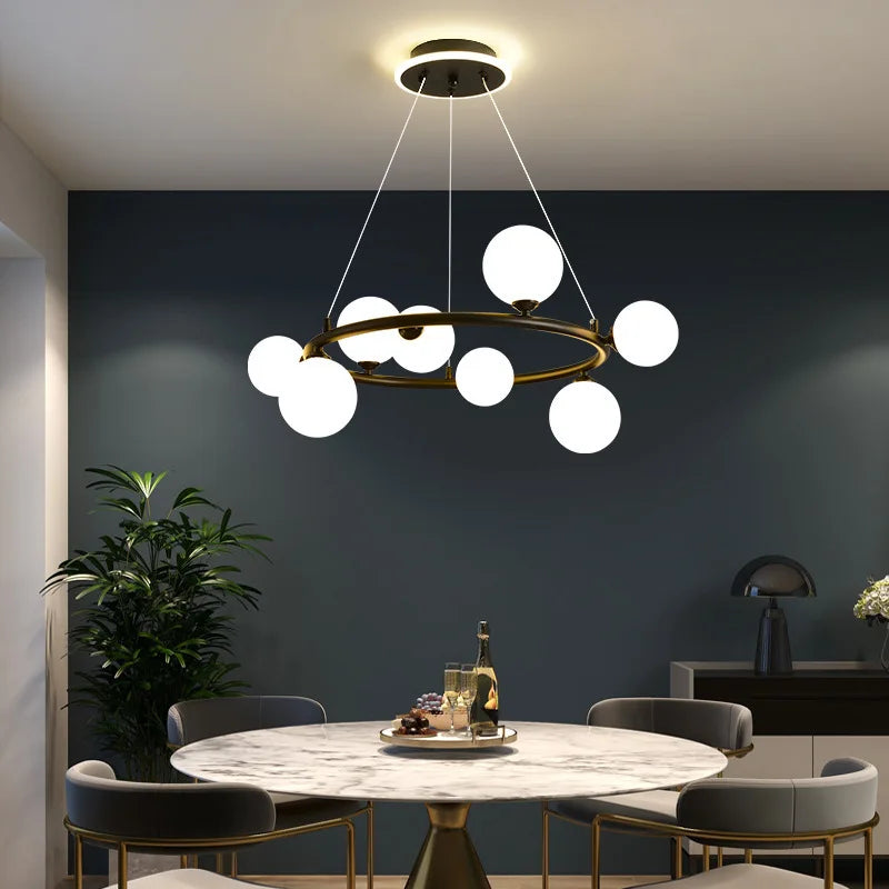 lustre moderne en verre mat avec anneau noir et fil réglable
