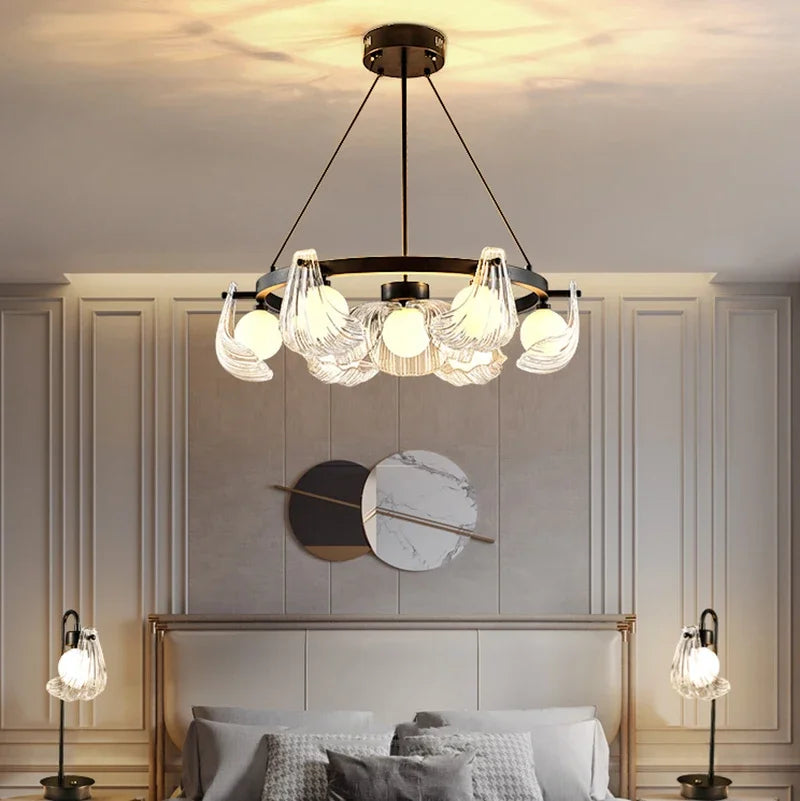 lustre de luxe en verre de coquille avec lampes led créatives
