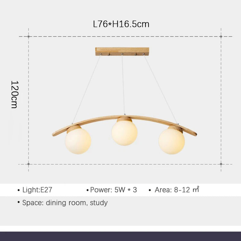 suspension en bois moderne avec boule de verre et éclairage led