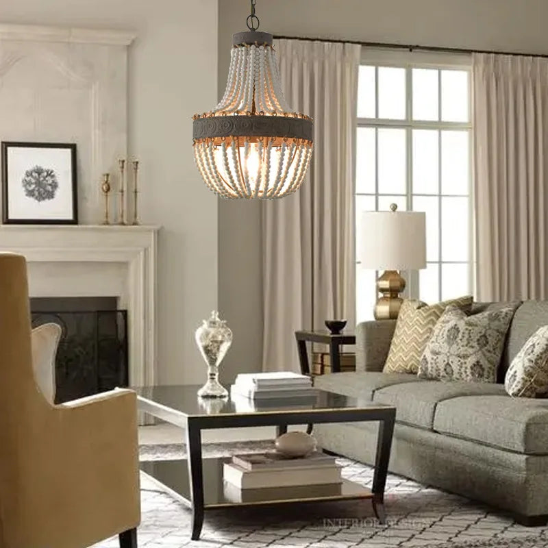 lustre vintage en bois perle style campagne américaine