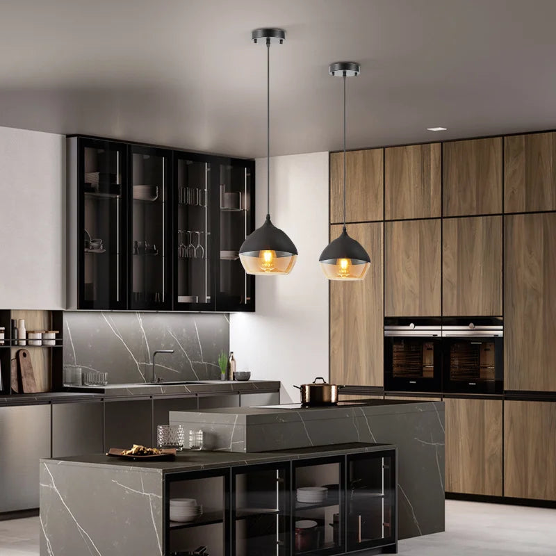 plafonnier américain en verre transparent et métal noir décoratif