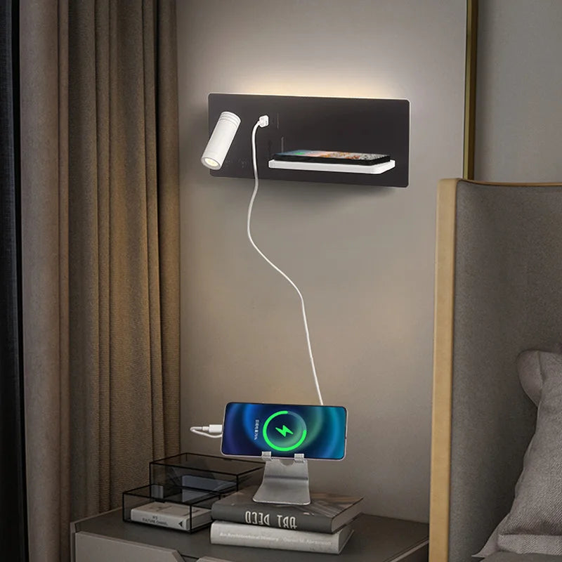 lampe de chevet murale avec chargement sans fil usb type-c et projecteur rotatif