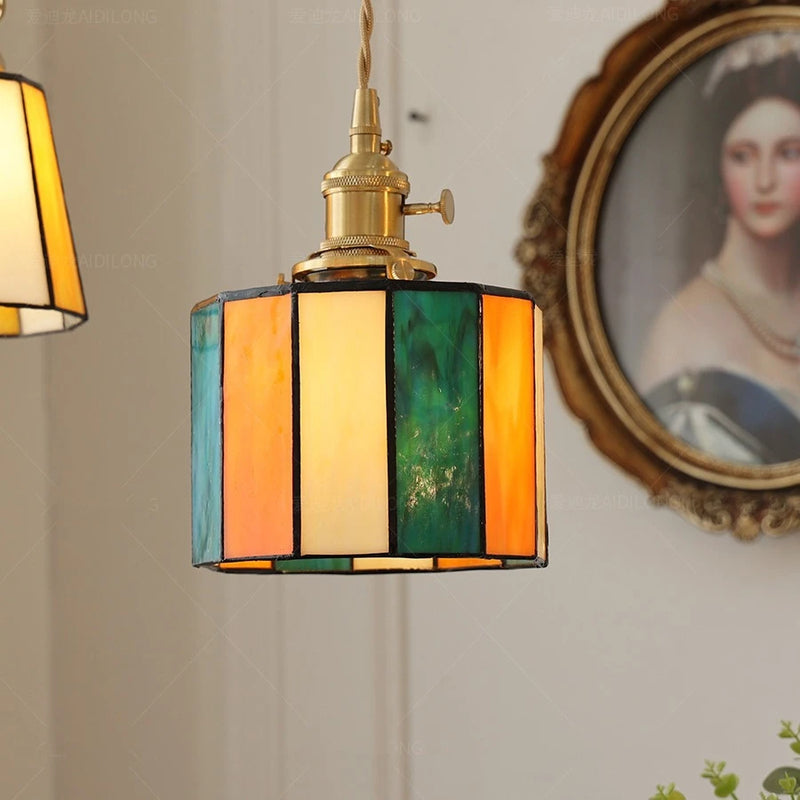 Suspension led vintage style japonais douille cuivre abat-jour verre
