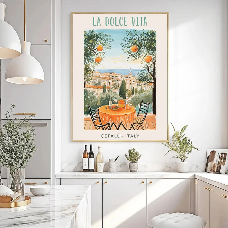 affiche vintage italienne paysage nourriture et café méditerranée