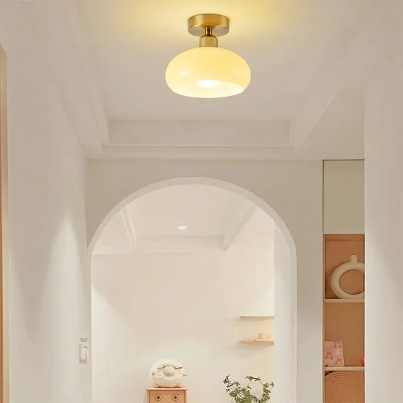 Plafonnier LED en verre nordique rétro crème décor lampe or E27 éclairage pour allée couloir salon luminaires d'intérieur Lustre