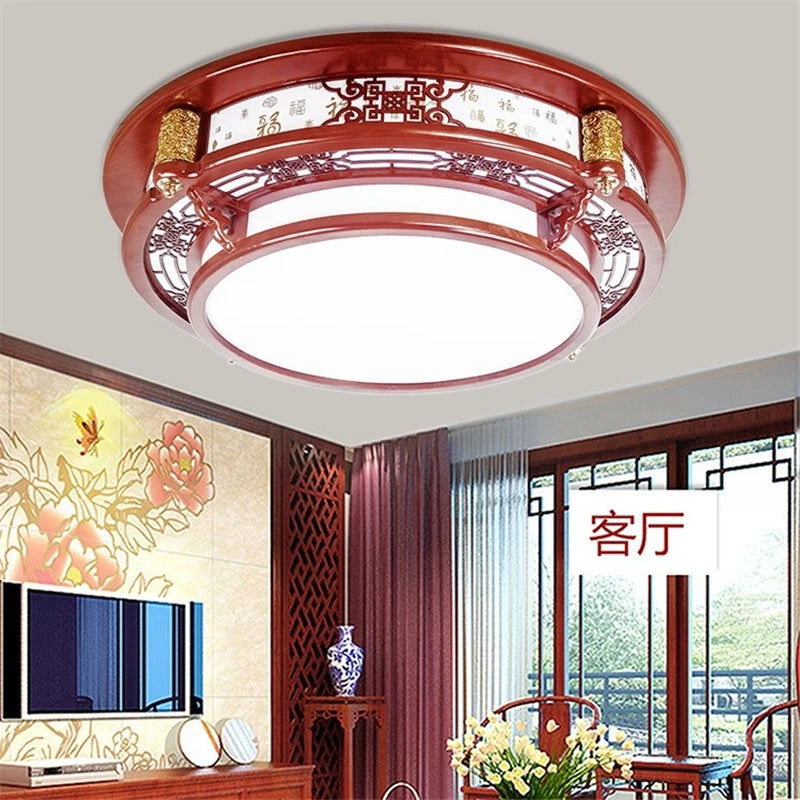 plafonnier vintage chinois en bois avec luminaire acrylique