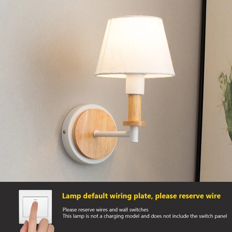 Applique Murale LED Nordique Bois Massif et abat-jour en Tissu