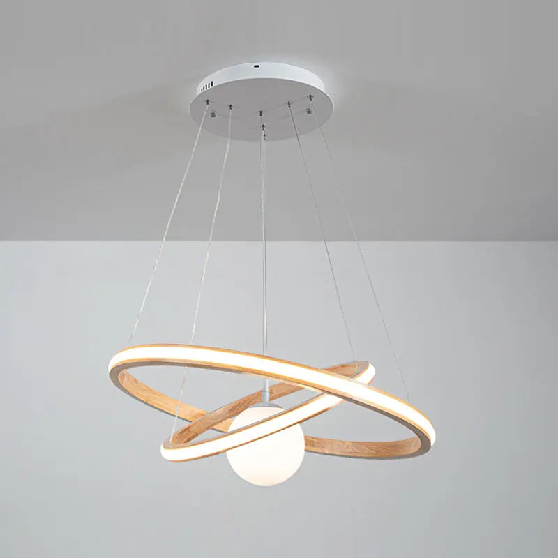 lustre en bois moderne avec anneaux lumineux et verre