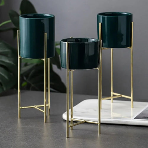 pot de fleurs en céramique nordique avec étagère en métal décorative