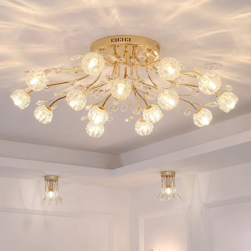 lustre nordique de luxe en cristal avec fleur en verre led