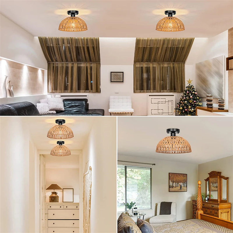 lustre de plafond encastré en rotin vintage rustique