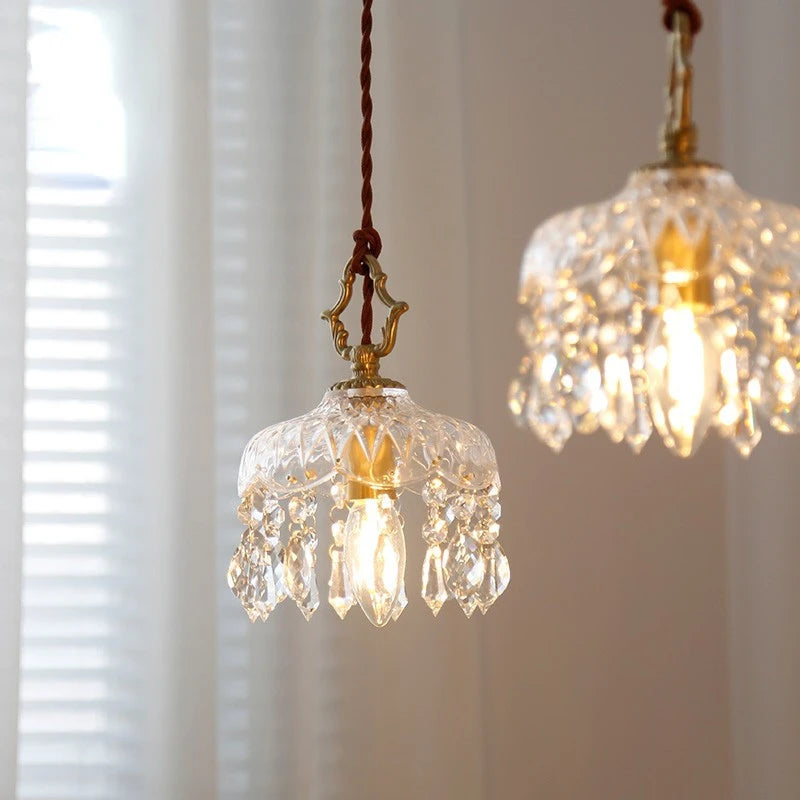 lustre en laiton nordique rétro suspendu en cristal et verre
