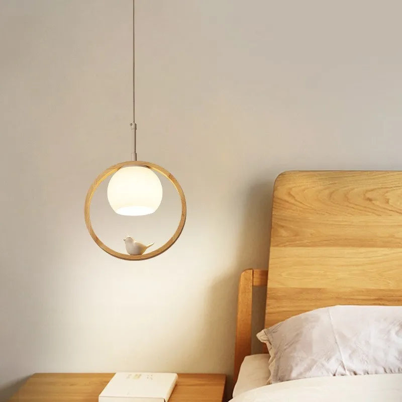 Suspension LED en verre nordique en forme d'oiseau rond en bois