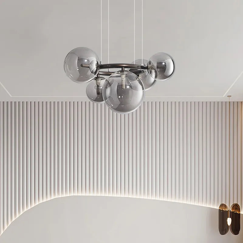lustre design boule de verre et barre ronde métallique