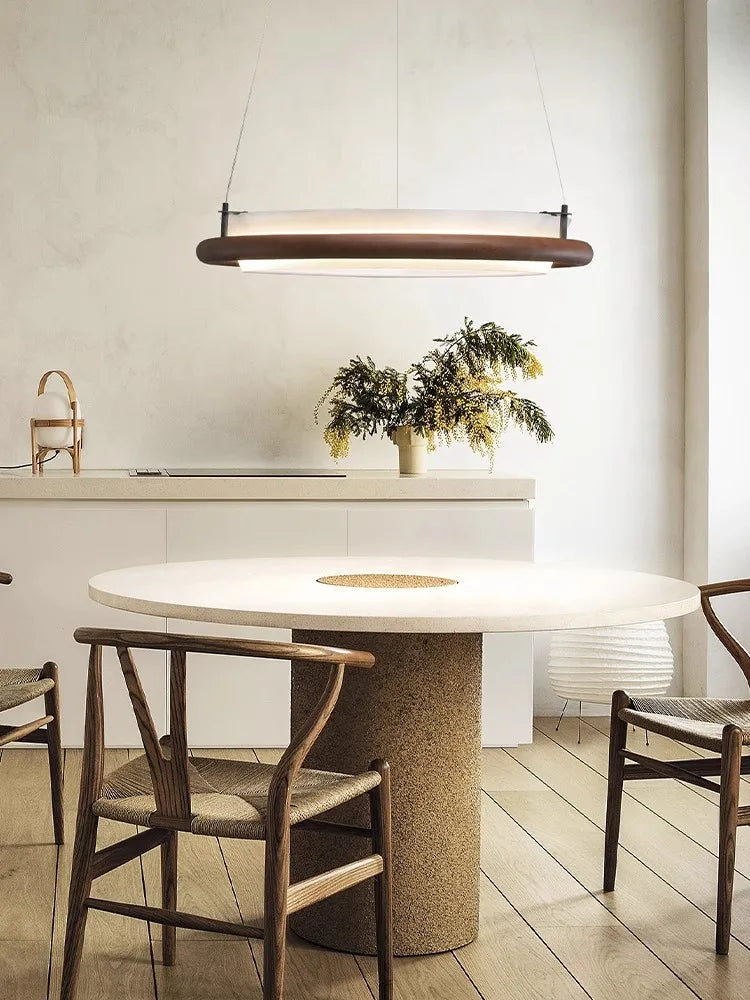 lustre moderne en bois led avec suspension en tissu