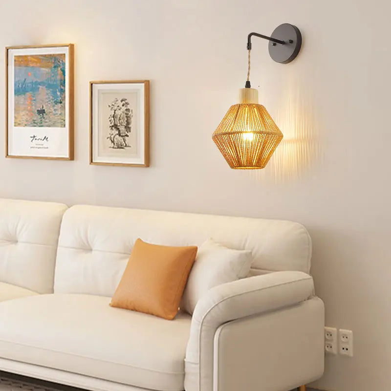 Applique murale en rotin tissée à la main style ferme rétro