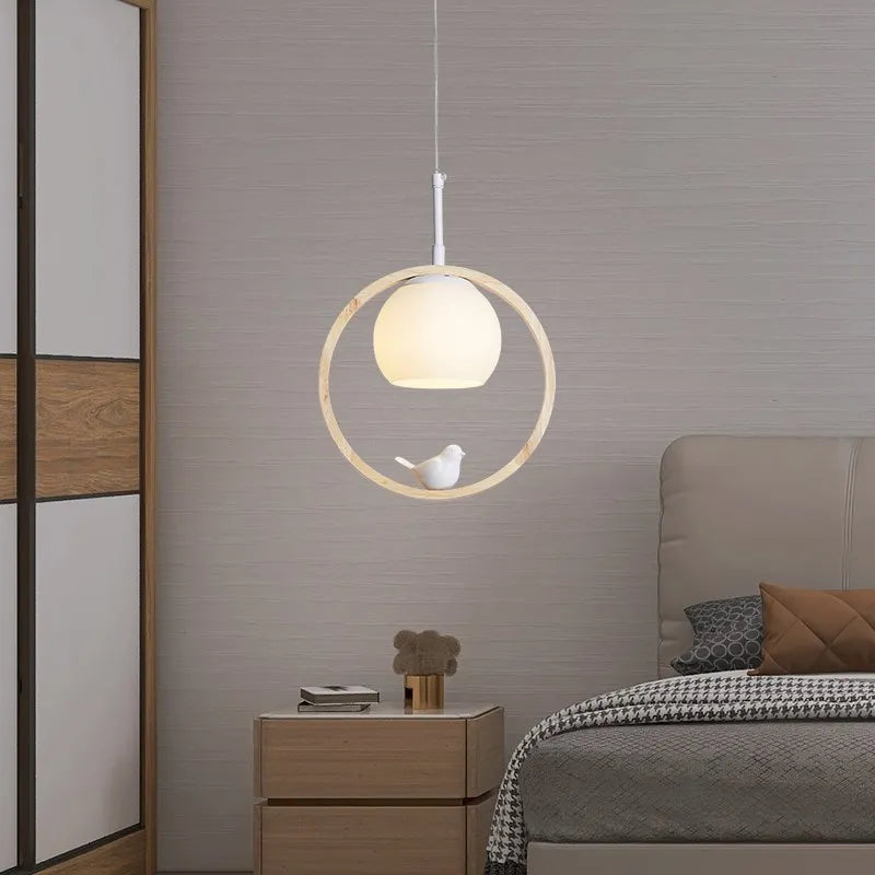 Suspension LED en verre nordique en forme d'oiseau rond en bois