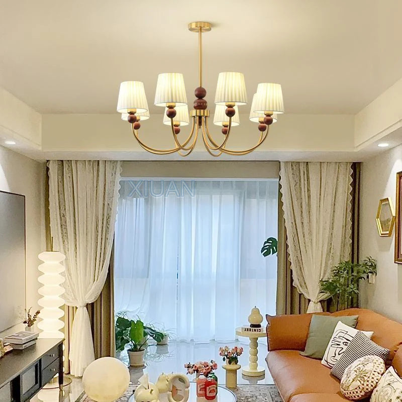 lustre led vintage américain en tissu plissé et bois wabi-sabi