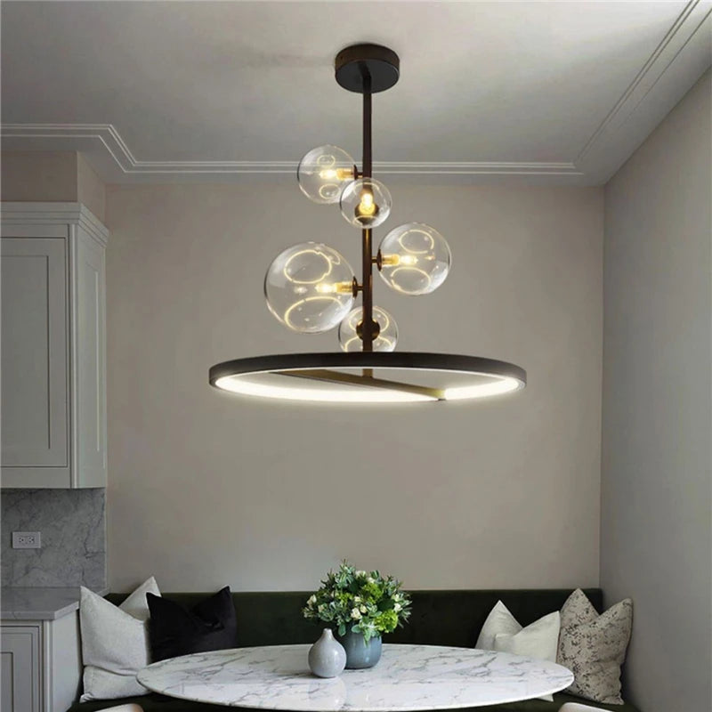 lustre moderne en verre transparent avec bulles en métal