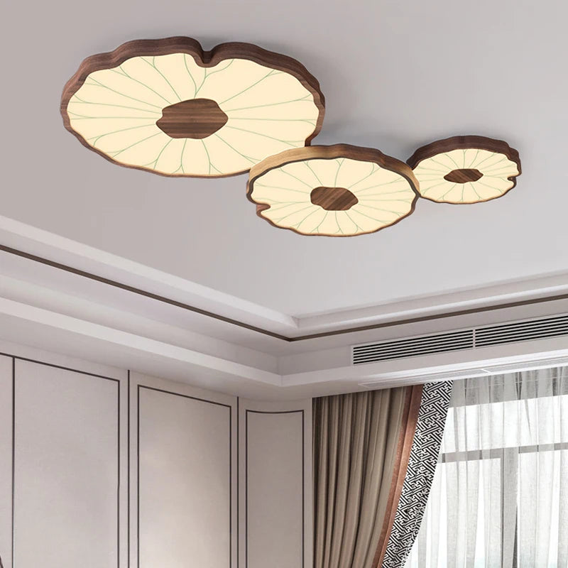 plafonnier moderne design feuille lotus en bois avec lumière led