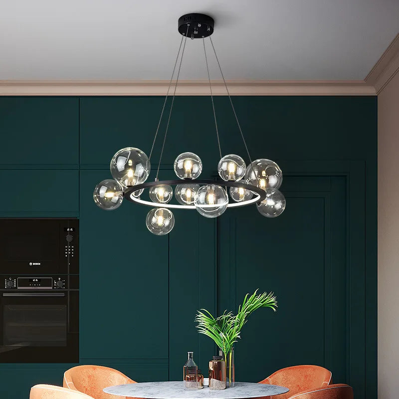 Lustre design rond avec boules en Verre clair à LED
