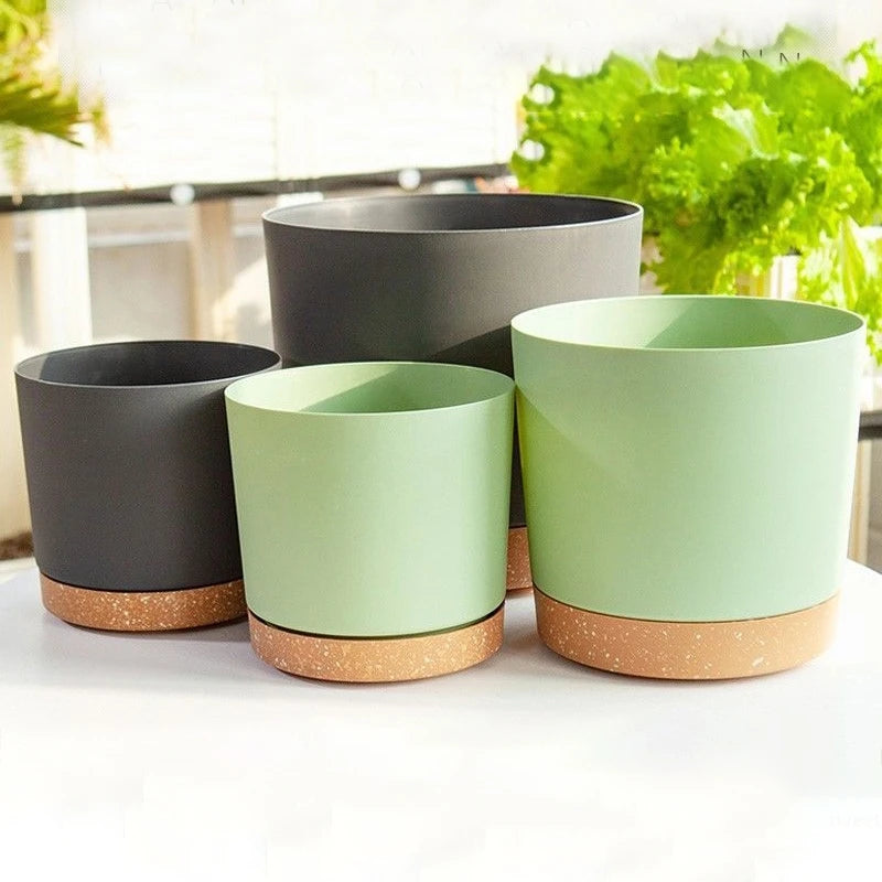 grand pot circulaire en plastique pour plantes d'intérieur avec drainage et plateau